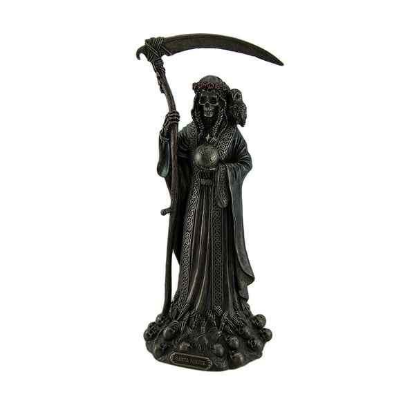 Santa Muerte Antique Bronze Finish Grim Reaper Statue - With Scythe and Globe - Hand Painted Accents - 11.5 Inches High - Scythe, Globe - for Altars and Spiritual Devotion Halloween