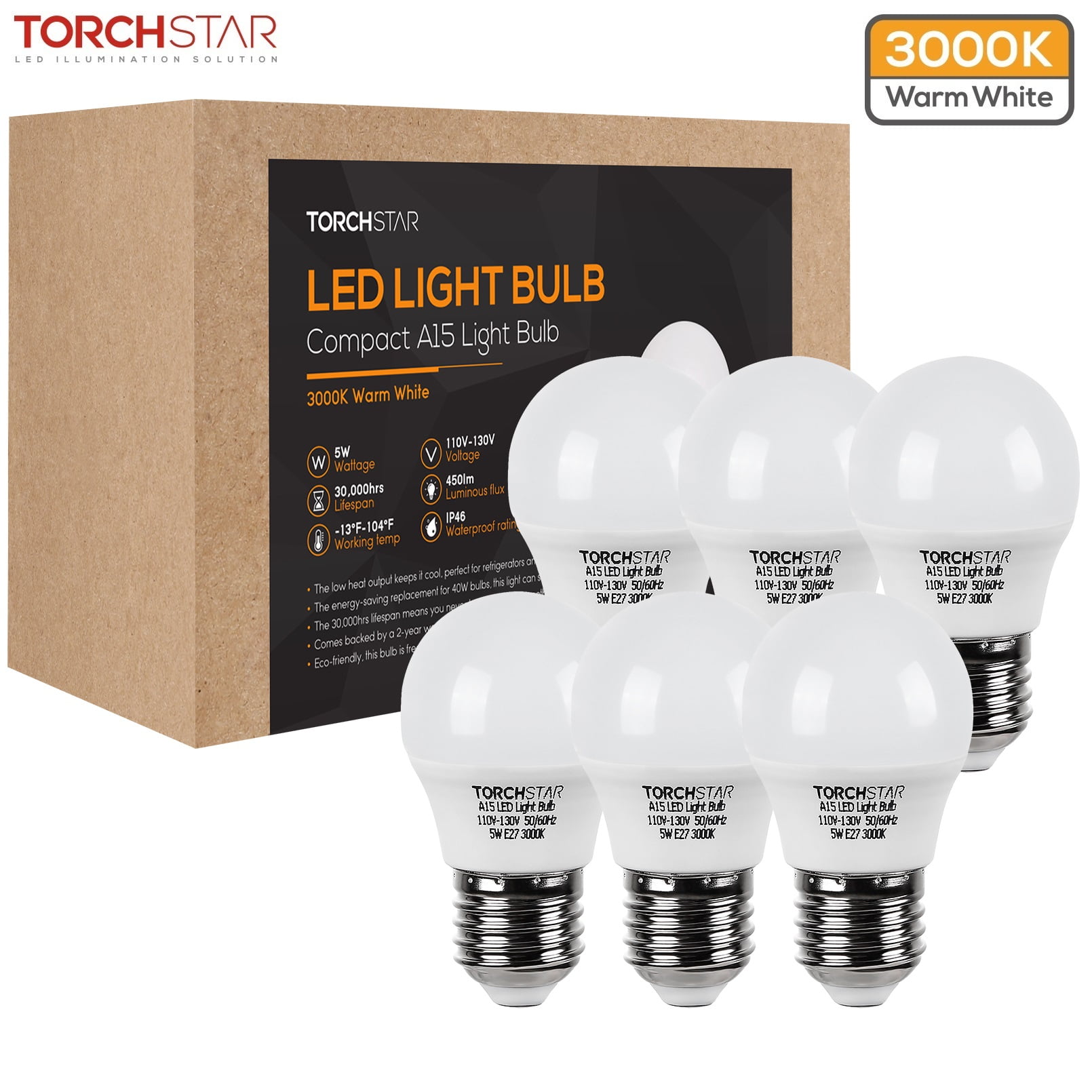 TORCHSTAR LED Refrigerator Light Bulb, 5W(40W Equivalent), A15 Appliance Fridge Bulbs, 3000K