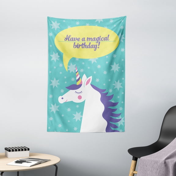 Unicorn Party Tapestry, Have a Magical Birthday Quote in a Speech Bubble on Festive Doodle Stars, Wall Hanging for Bedroom Living Room Dorm Decor, 40W X 60L Inches, Multicolor, by Ambesonne