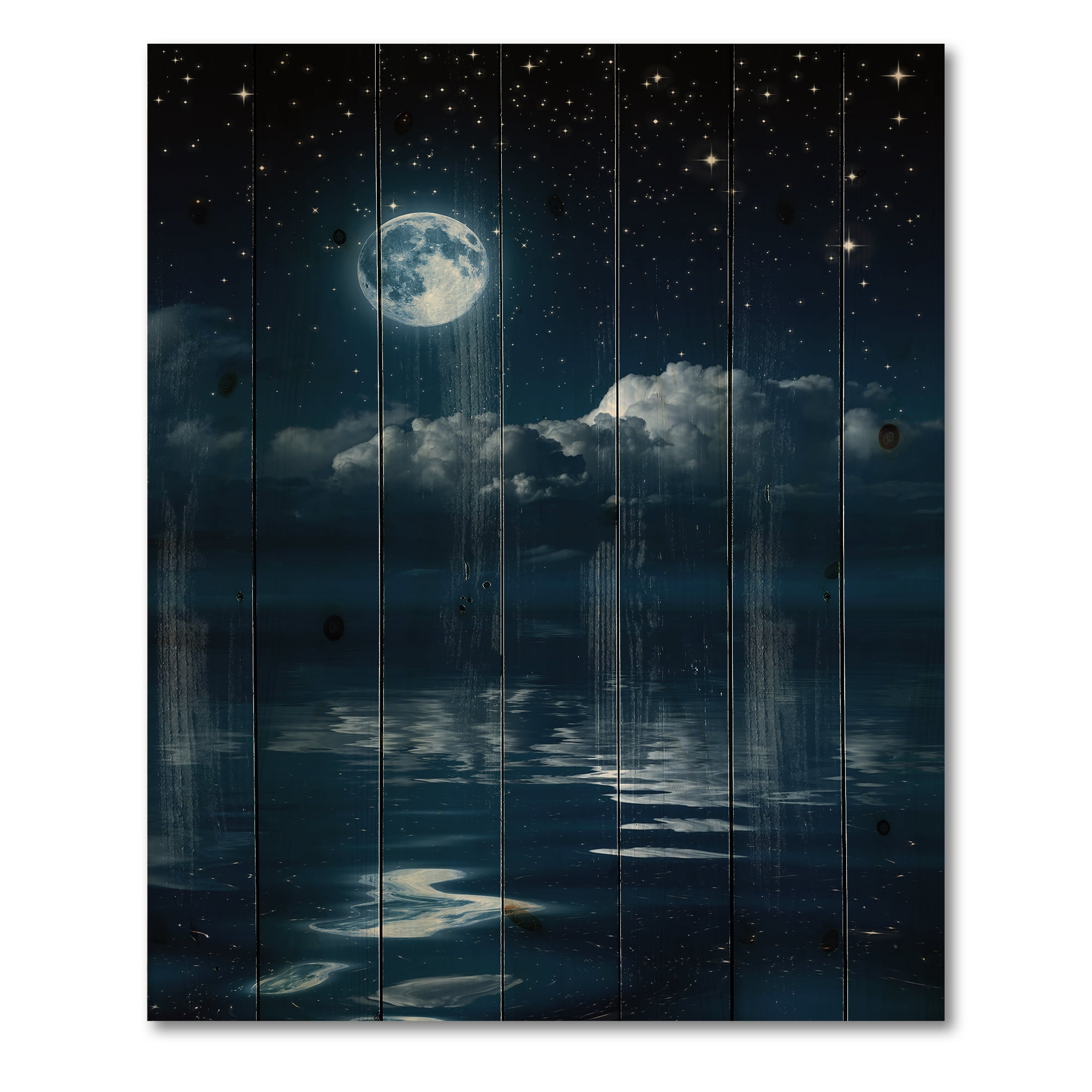 Designart 'Full Moon Night in Cloudy Sky I' Nautical & Coastal Print on Natural Pine Wood