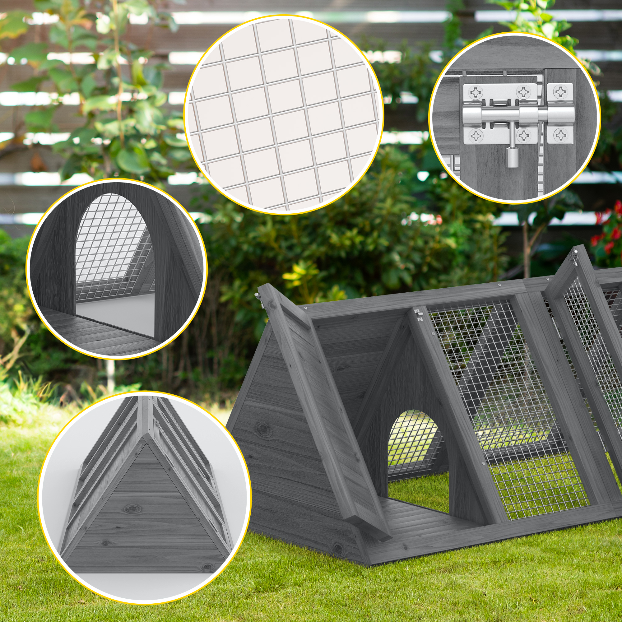 Rabbit Hutch Outdoor Small Chicken Coop Wooden Triangle Cage w/ Run and Ventilated Wire Mesh for Quail Reptile Small Animal