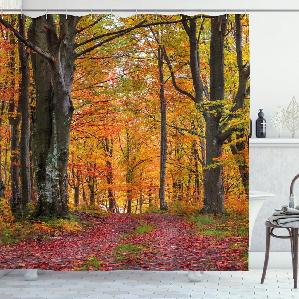 Autumn Shower Curtain, Fall Forest with Shady Deciduous Trees and Faded