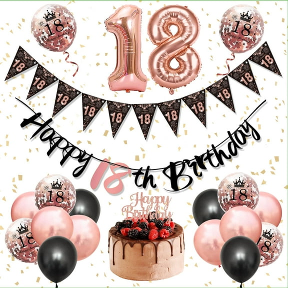 18th Rose Gold and Black Birthday Party Decorations,18th Balloons Set for Girl with Bunting Banner,Balloons 18th Birthday Decoration Set for Women Girls