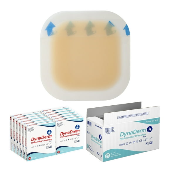 Dynarex DynaDerm Hydrocolloid Dressings, Sterile Moist Bandages Used for All Kinds of Wounds, 4" x 4", Thin & Latex-Free, Peel-Down Patches - 1 Case, 12 Boxes of 10 Dressings