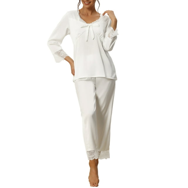 INSPIRAR CHIC Conjuntos de Pijamas de Dos Piezas para Mujeres, Top de Manga Larga de Encaje de Seda con Pantalón, Ropa de Dormir Suave, Ropa de Casa Blanca M