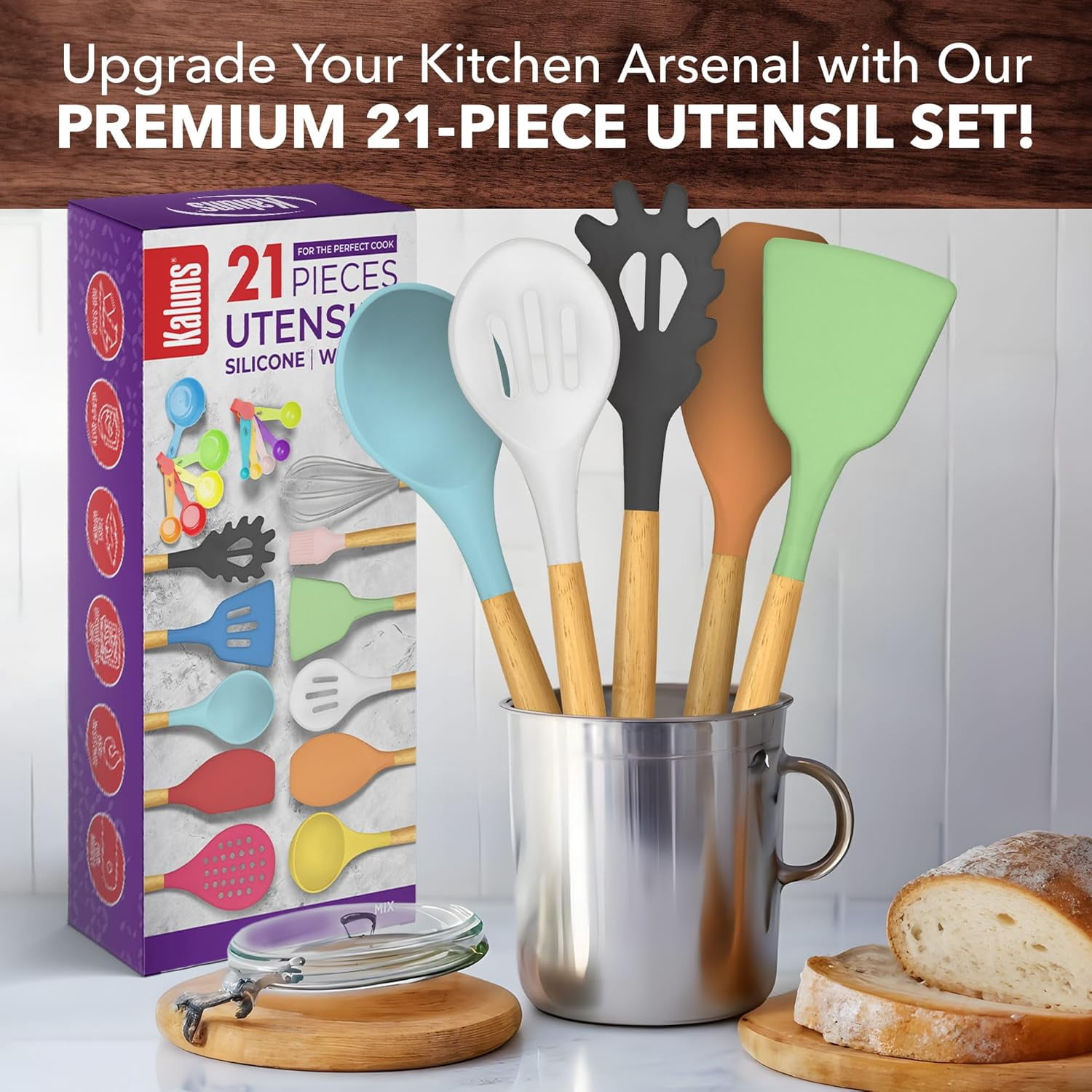 Kaluns 21 Pcs Wood and Silicone Kitchen Utensils Set for Cooking Household Essentials – Premium Cooking Utensil Set, Multicolored