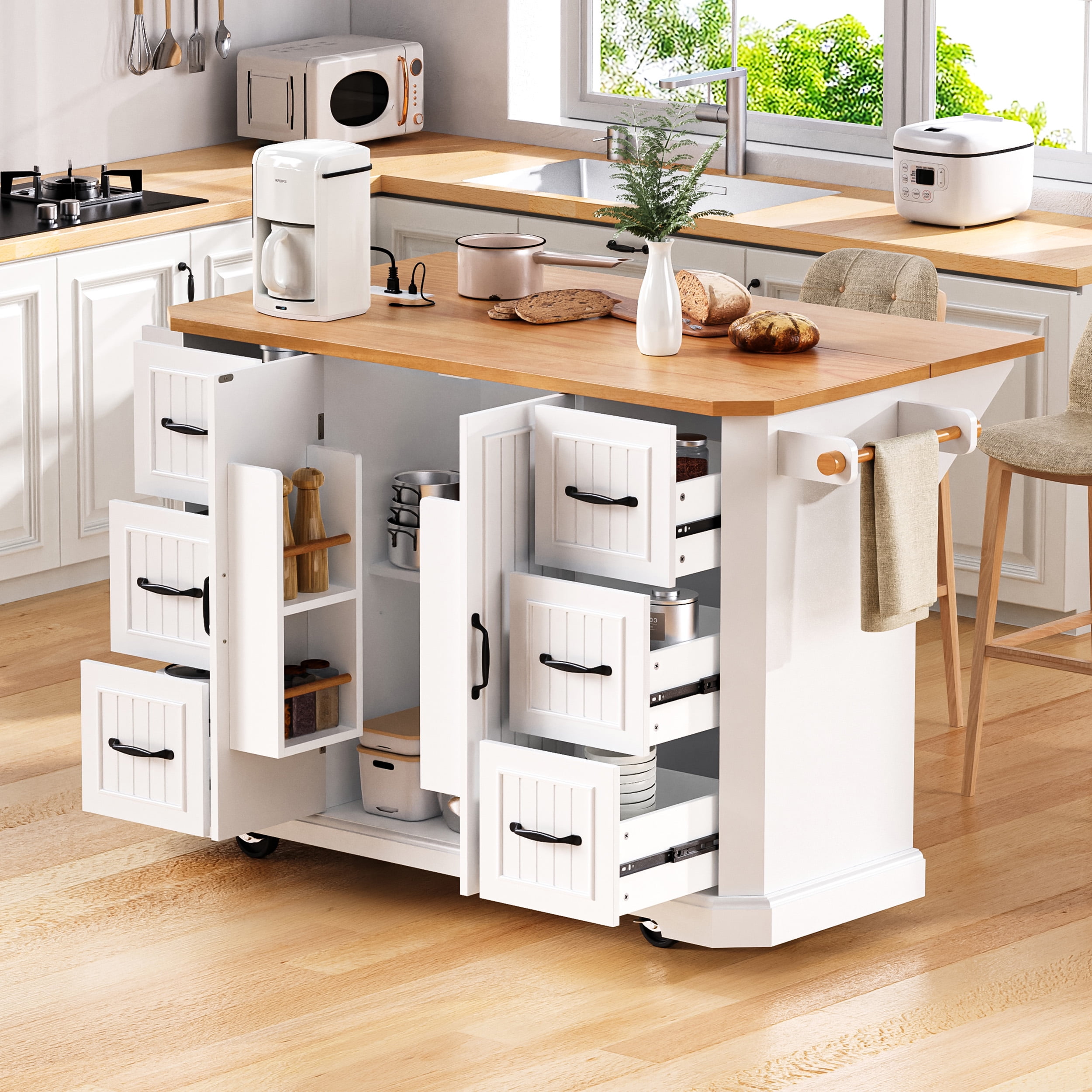 Yoneston 56" Rolling Kitchen Storage Cart with Adjustable Shelves, Multifunctional Kitchen Island with Power Outlet, 4 Door Shelves and 6 Drawers for Kitchen, Dining Room, White