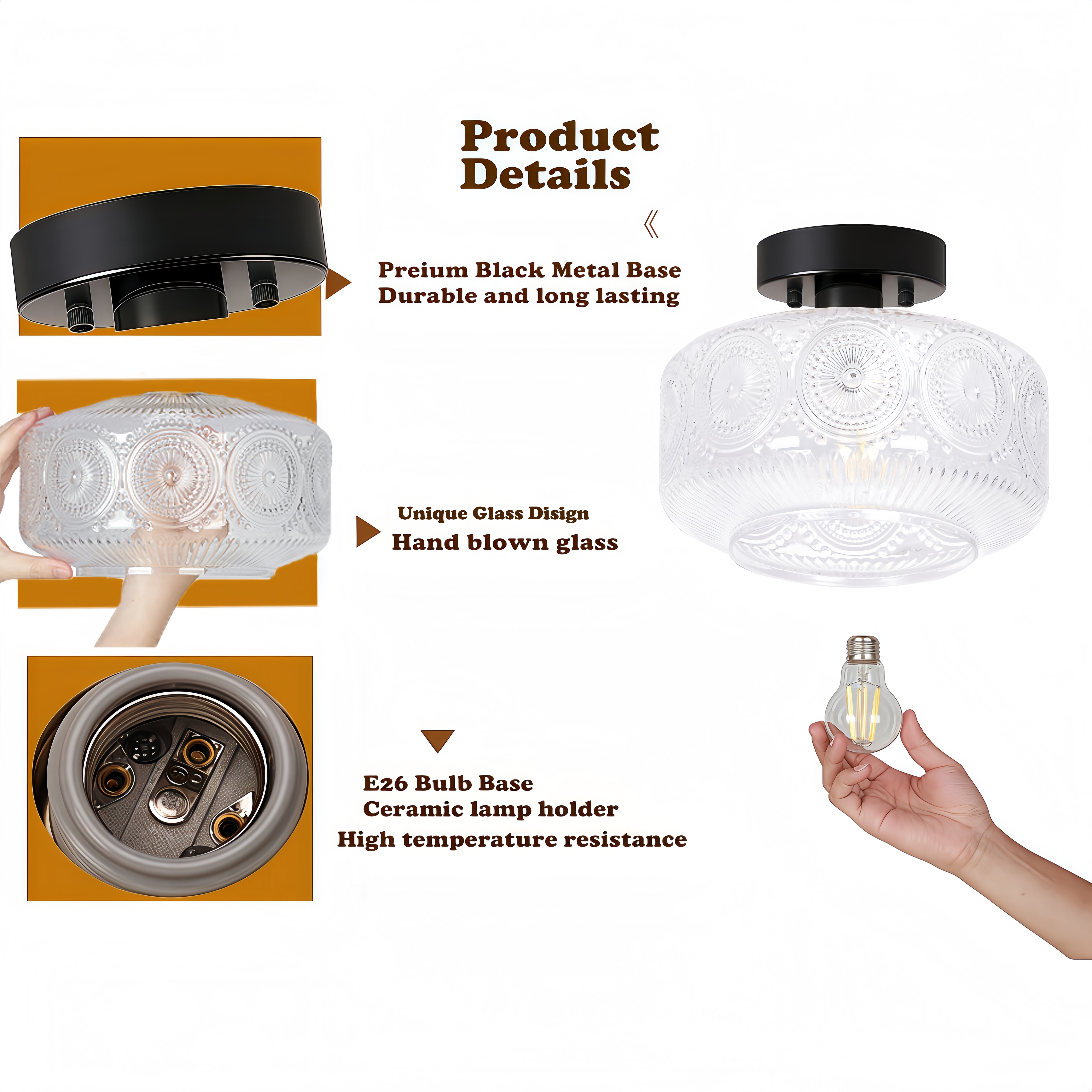 Semi Flush Mount Ceiling Light,Glass Ceiling Light,Black Light Fixture Ceiling Mount,Vintage Ceiling Light for Hallway Bedroom Kitchen Entryway Living Room