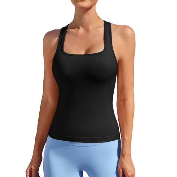 Womens Seamless Tank Tops Built in Bra Workout Top Square Neck Yoga Running Sports Tops