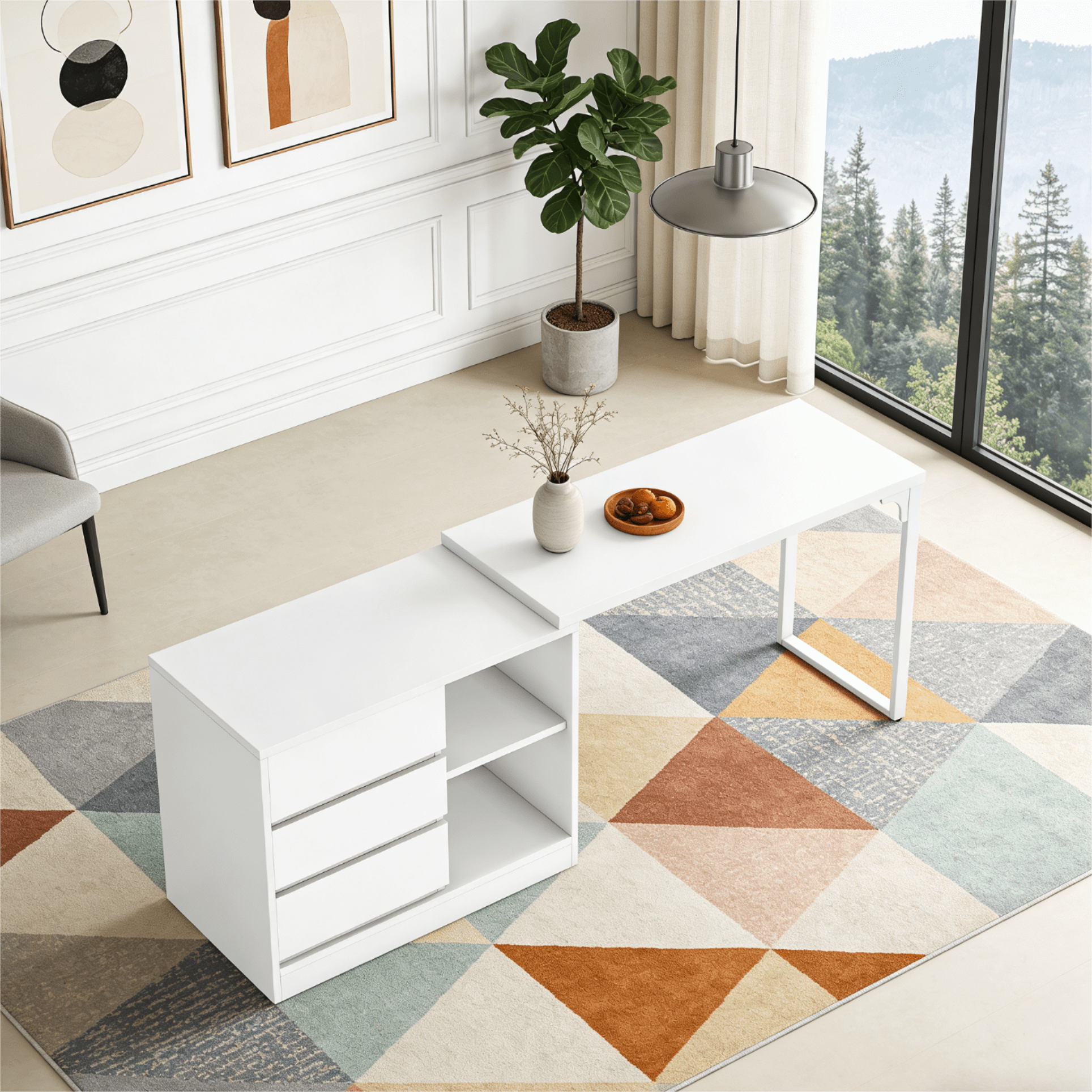 Fnova Reversible Computer Desk with Drawers, Shelves, Storage Cabinet, Modern L-Shaped Corner Office Desk for Home Office, Bedroom, Study, Writing