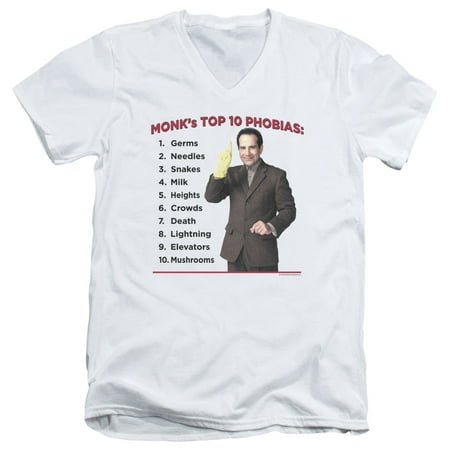Monk Comedy Drama Mystery TV Series USA Top 10 Phobias Adult V-Neck T-Shirt (Top 10 Best Comedy Series)