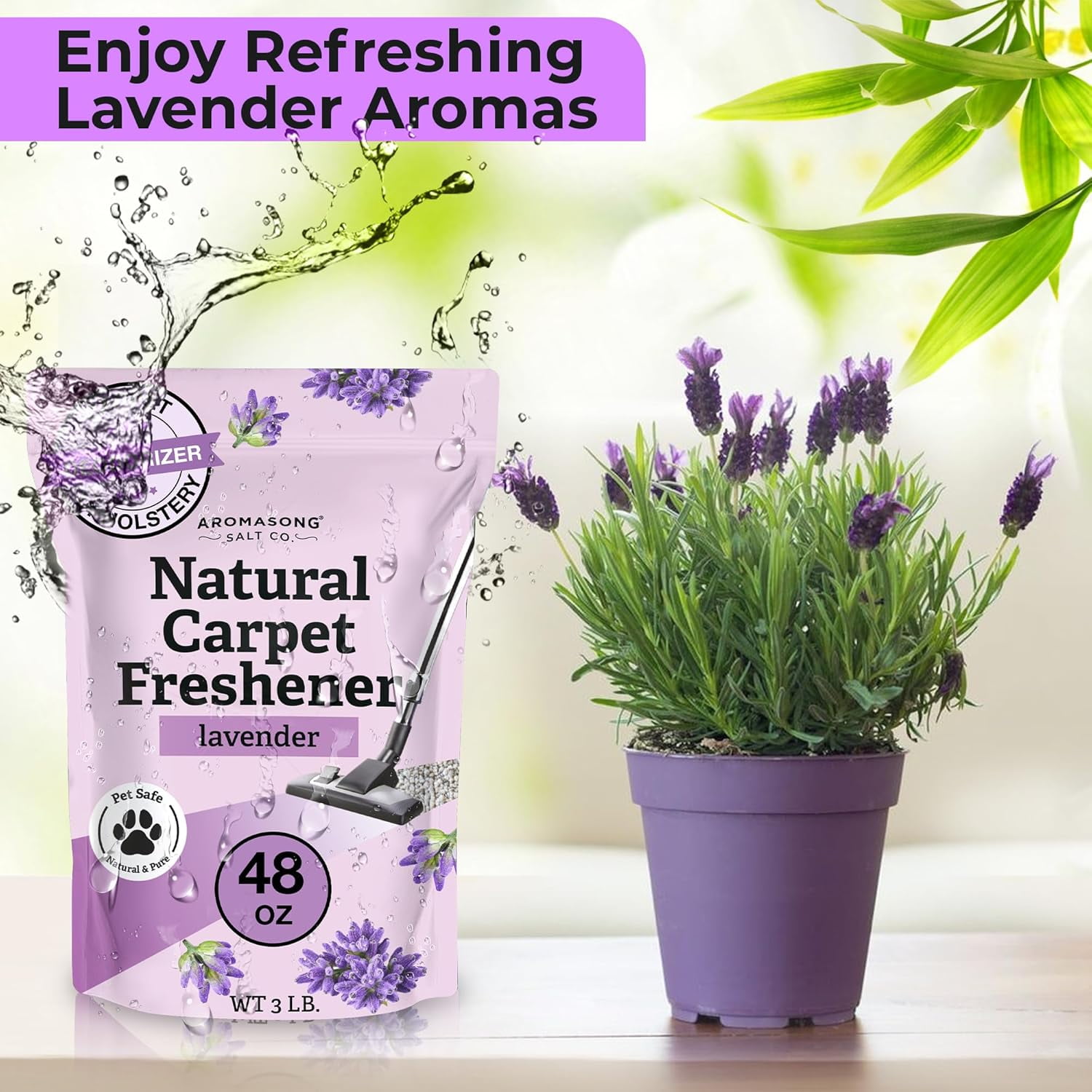 Aromasong Natural Lavender Carpet Deodorizer Powder, Safe for Pets, Upholstery & Pet Odor Eliminator, 48 oz