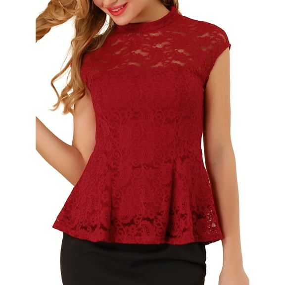 INSPIRE CHIC Women's Lace Floral Crochet Round Neck Sleeveless Peplum Blouse Top XS Red