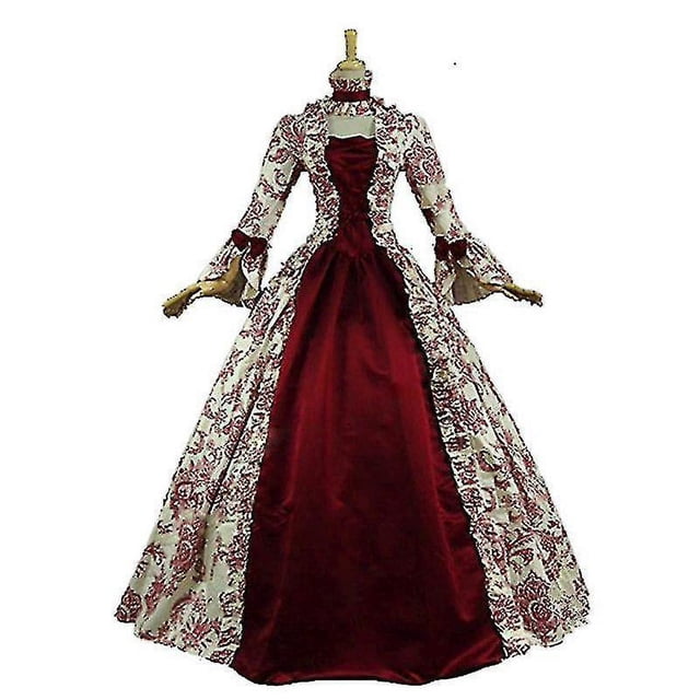 vestido formal de fiesta de boda de princesa de la reina victoria medieval europea, disfraz de Halloween para mujer, corte de carnaval, Palacio Noble. Vestido largo estilo victoriano con busto ajustado y falda amplia; panel central de satén granate y faldones y mangas en brocado crema y granate. Escote cuadrado con cuello alto y puños acampanados; mostrado en maniquí. Adecuado también para eventos de época o teatro.