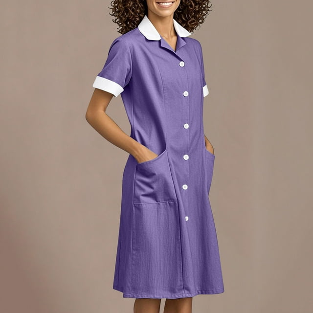 Robes Florales d'Été Ndbuld pour Femmes Couleur Unie avec Poches Bouton Épissage Col Robe de Soins Robe d'Infirmière Robe de Travail Midi Liquidation à Moins de 5$