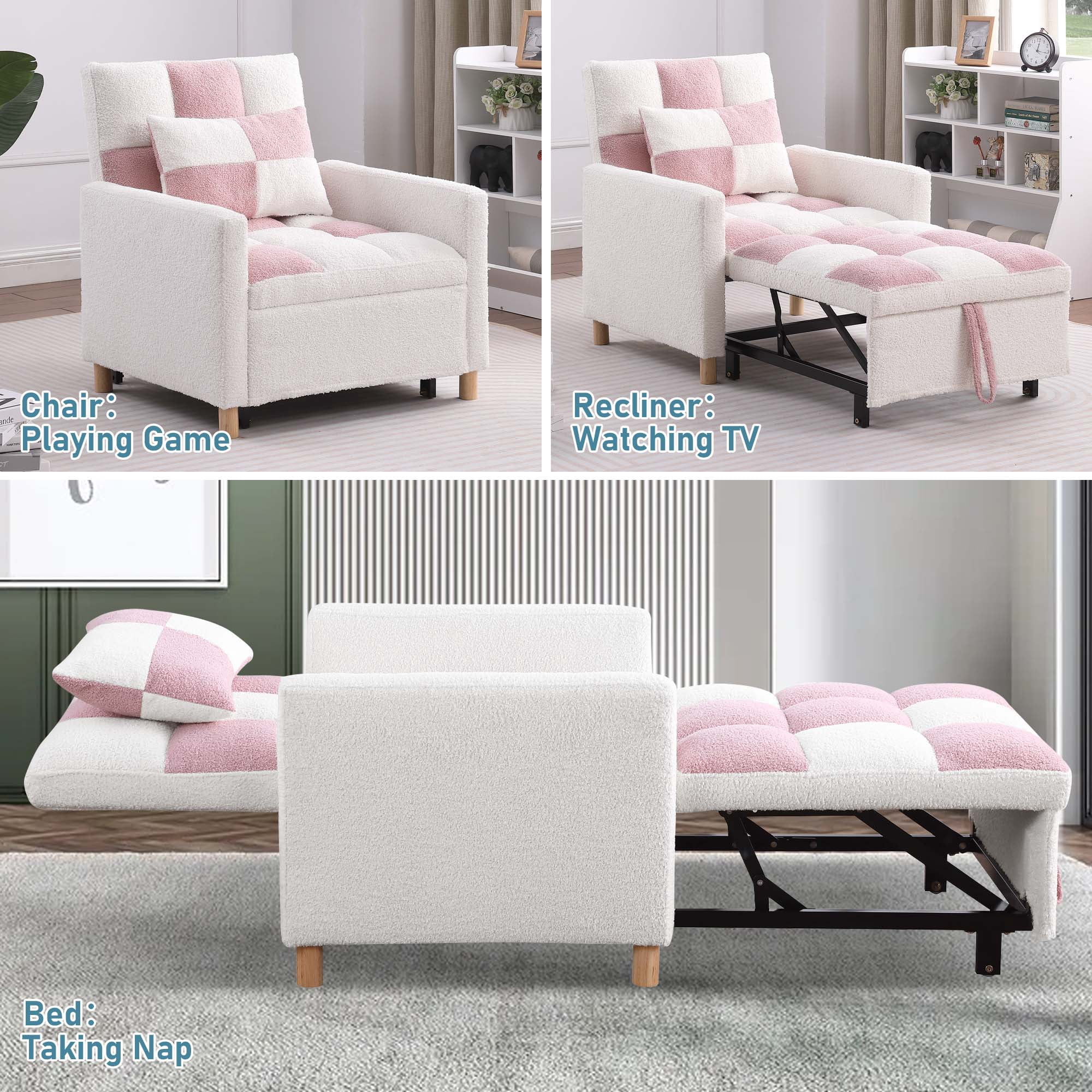Aukfa Convertible Sleeper Chair Bed, Patchwork Pull Out Sofa Chair with Adjustable Backrest, Teddy - White/Pink