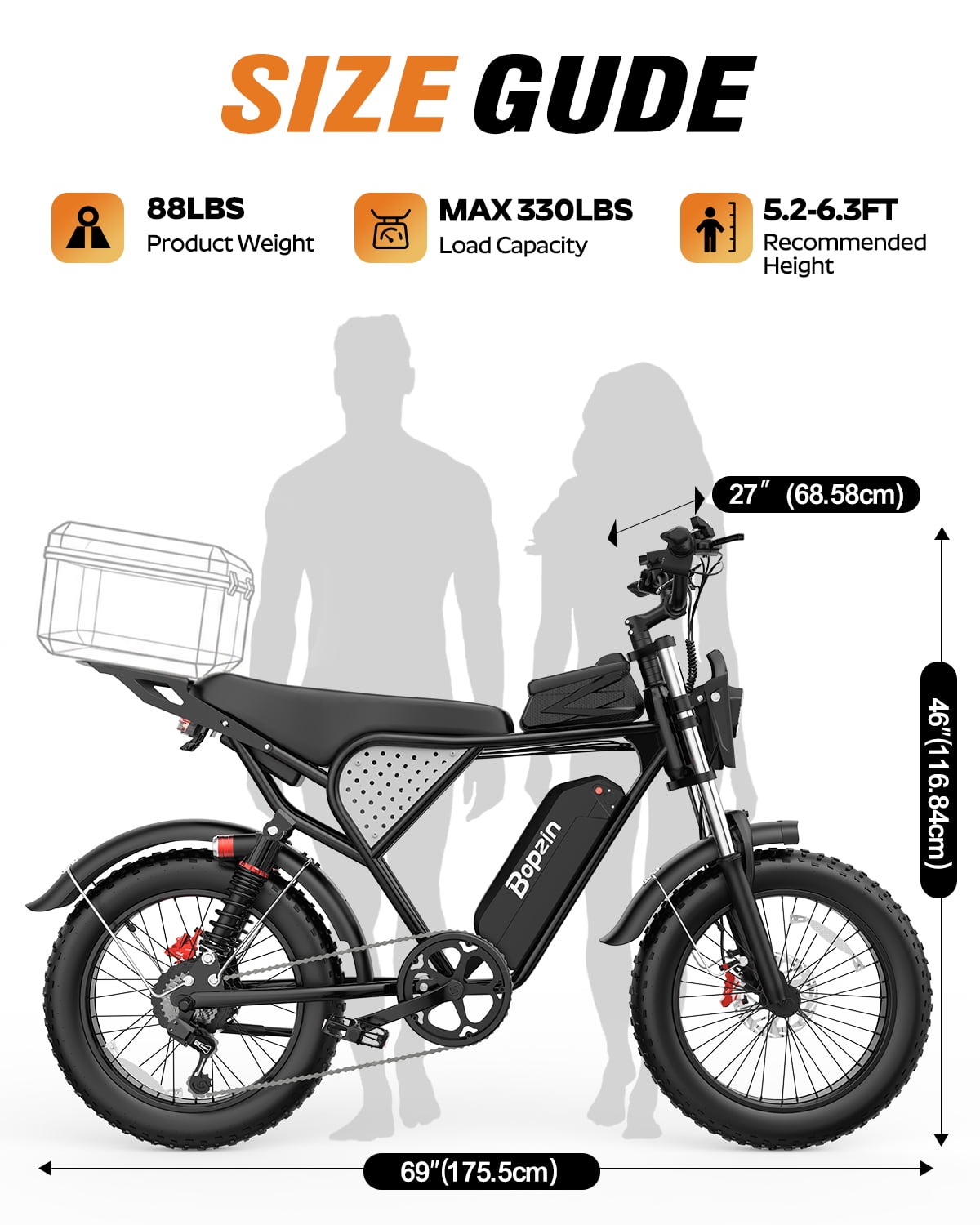 Bopzin 1500W Off-Road Electric Motorcycle for Adults, Bike with 48V 20Ah Battery, 20" Fat Tire Off-Road Electric Bike UL2849