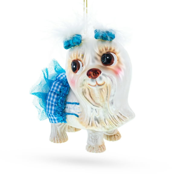 Maltese Dog in Blue Outfit Glass Christmas Ornament