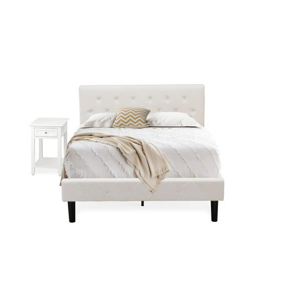 East West Furniture NL19F-1DE05 2 Piece Bed Set - 1 Full Bedframe White Velvet Fabric Headboard and 1 Night Stand - White Finish Nightstand