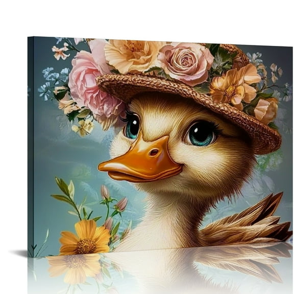 ZFLMY Duck Hat Flowers Canvas Print Wall Decorations for Bedroom and Kitchen, Fashion Art Decor Ready to Hang Room Home Decor 16x12in
