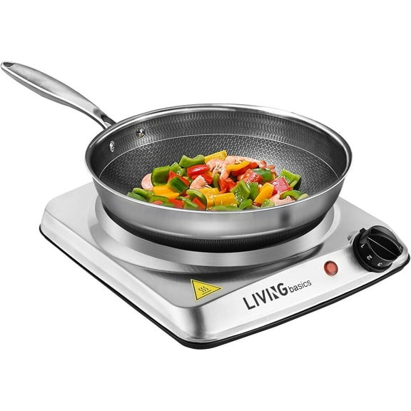 LIVINGbasics Plaques Chauffantes de Comptoir à Brûleur Simple, Cuisinière Électrique 1000 W avec Contrôle de Température à 5 Niveaux, Argent