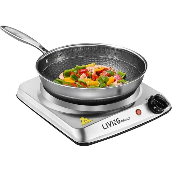 LIVINGbasics Plaque Chauffante de Comptoir Simple Brûleur, Cuisinière Électrique 1000w avec Contrôle de la Température à 5 Niveaux, Argent