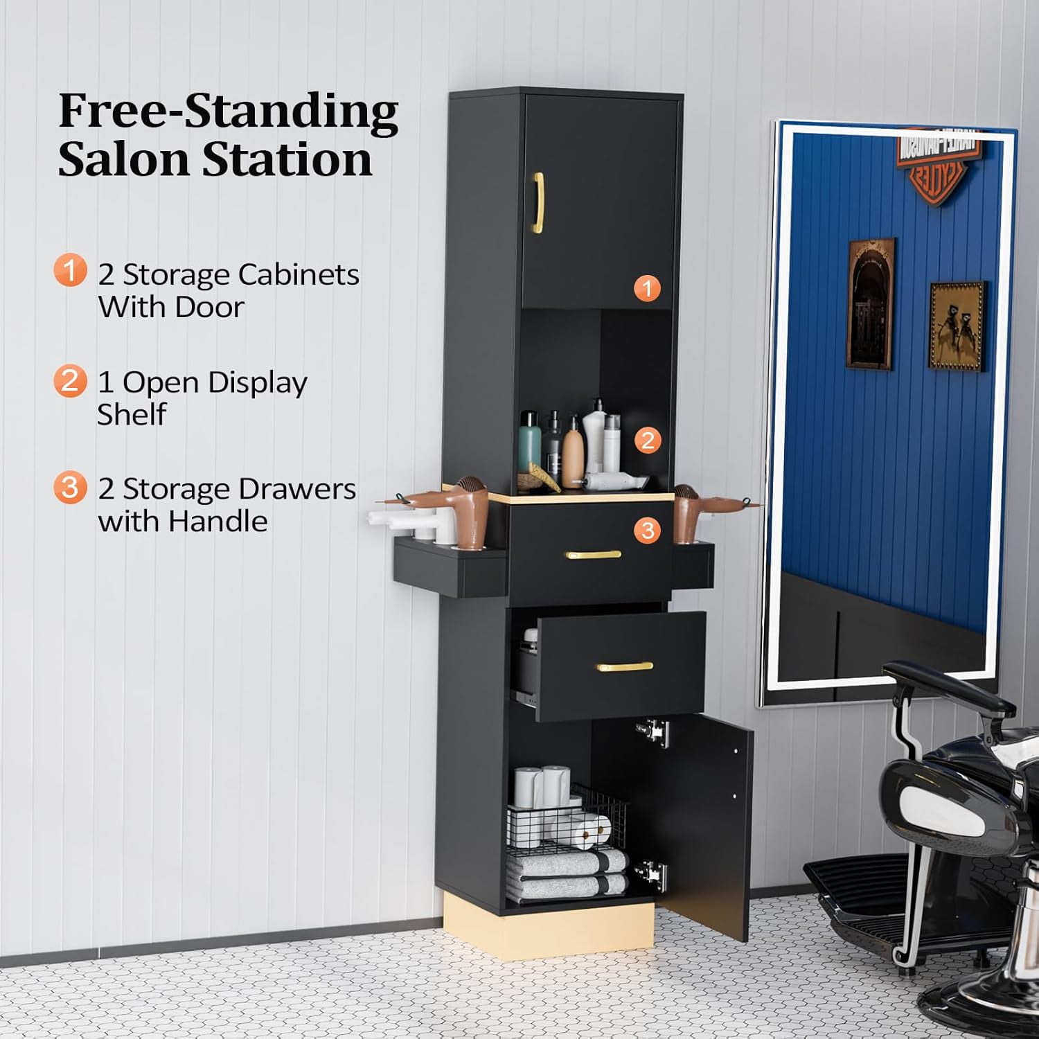 Katxon Salon Storage Station with 2 Storage Cabinet, 2 Drawers, Black