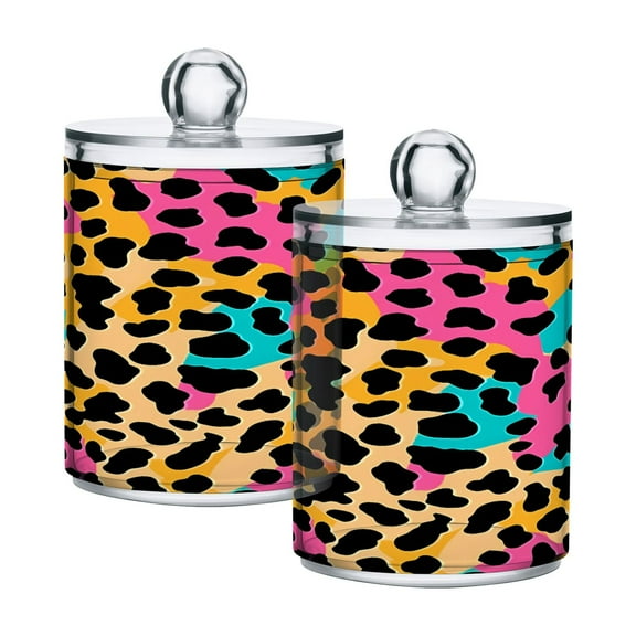 2 Pack Soft Color Leopard Print Qtip Holder Dispenser Clear Plastic Storage Apothecary Jars for Cotton Swabs Balls Pads Floss