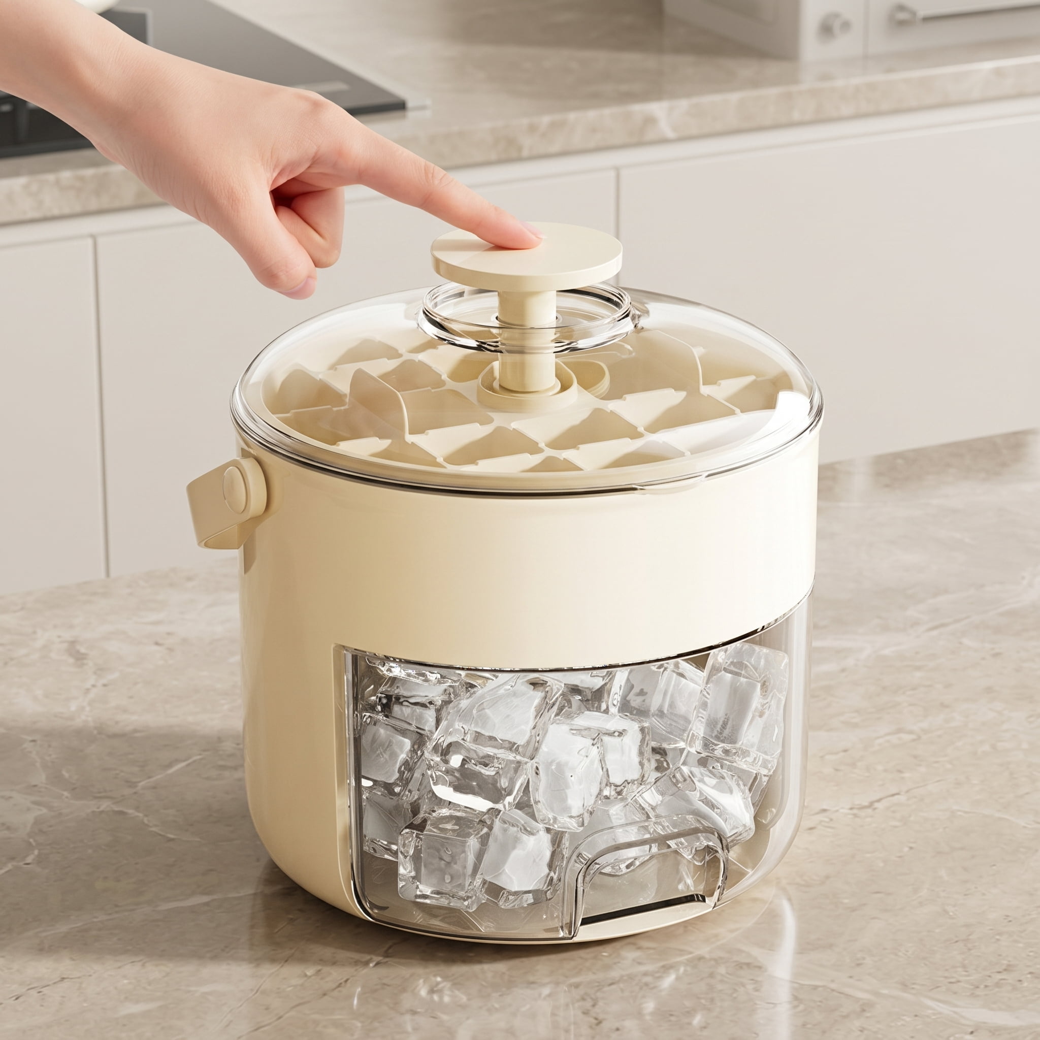 Large Capacity Ice Cube Maker with Storage Bin and Lid, 12.75x15.5x15.4cm Stackable Ice Tray for Outdoor Camping & Tailgate Parties, Arctic White