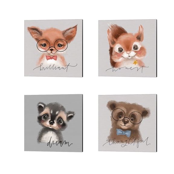 Great Art Now Brilliant Fox, Honest Squirrel, Thoughtful Bear & Dream Raccoon by Valerie Wieners 4 Piece Canvas Art Set Each 14W x 14H