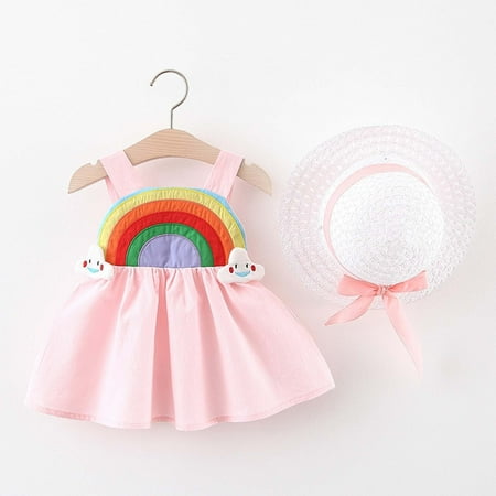 

QISIWOLE Toddler Kids Baby Girl Summer Pure Color Rainbow Cloud Suspender Skirt With Hat Savings