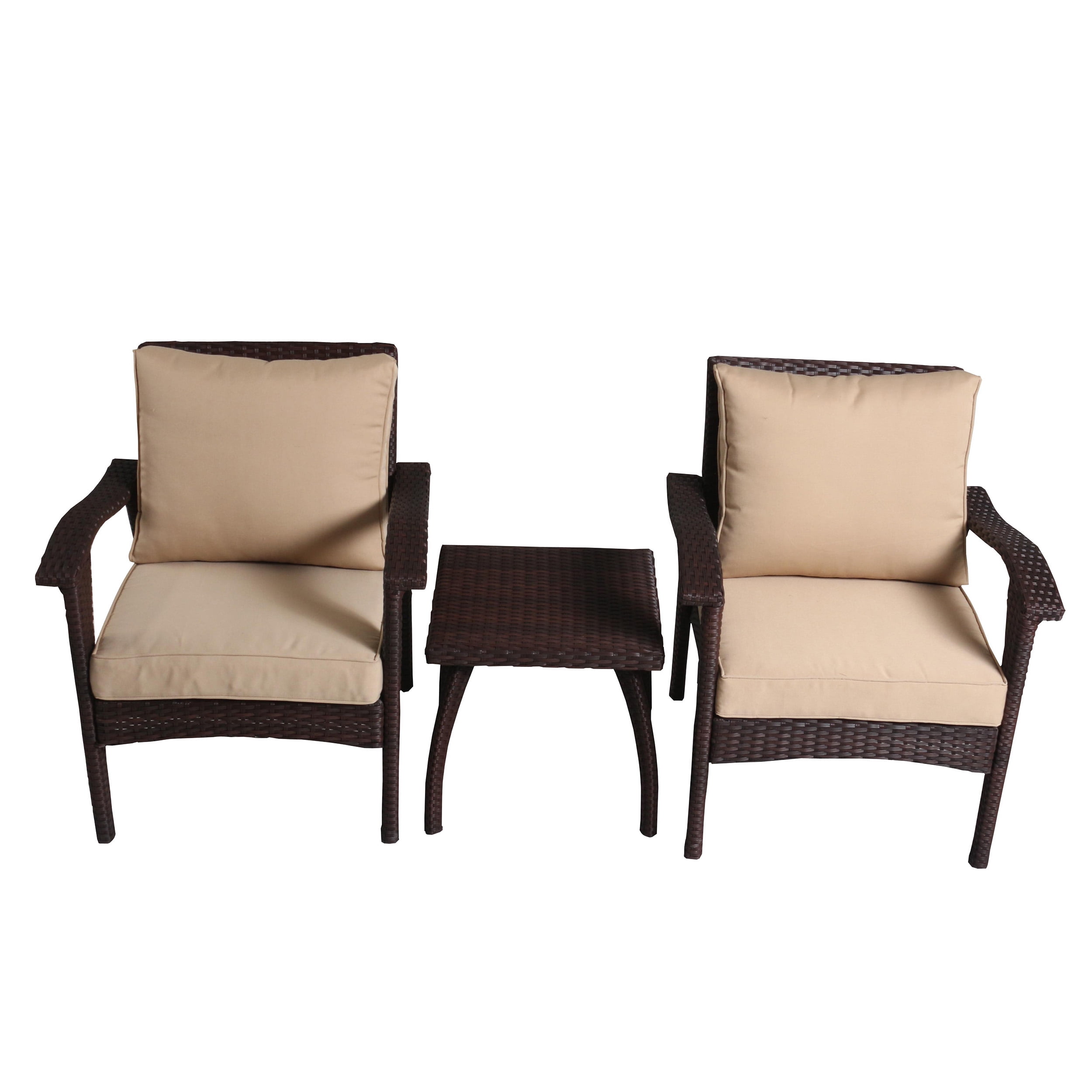 Kingsfield Outdoor Wicker Club Chairs with Tan Cushions and Accent Table, Brown