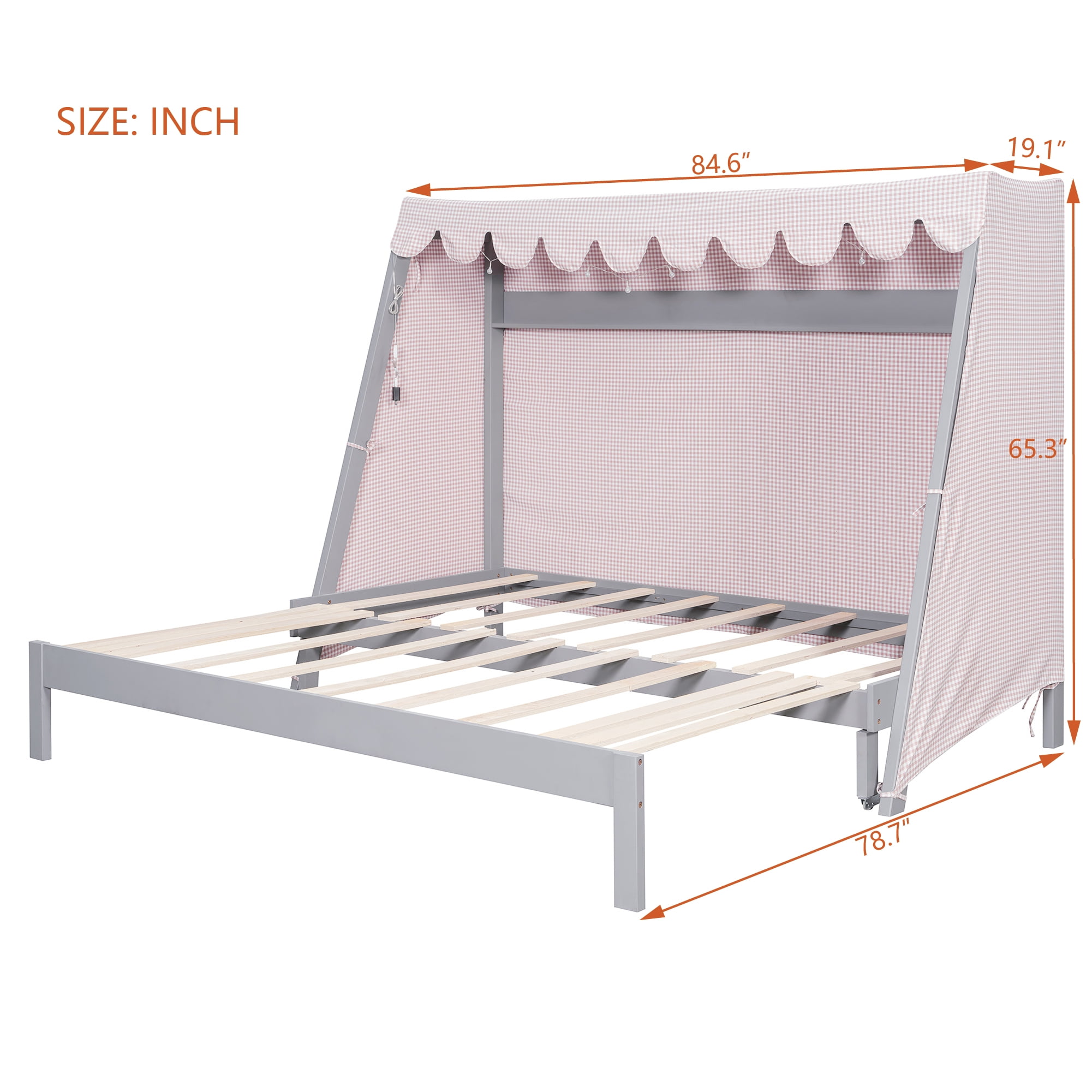 Mintazer Twin XL Platform Bed with LED Light, Trundle, Storage Shelf & Tent for Kids, Gray
