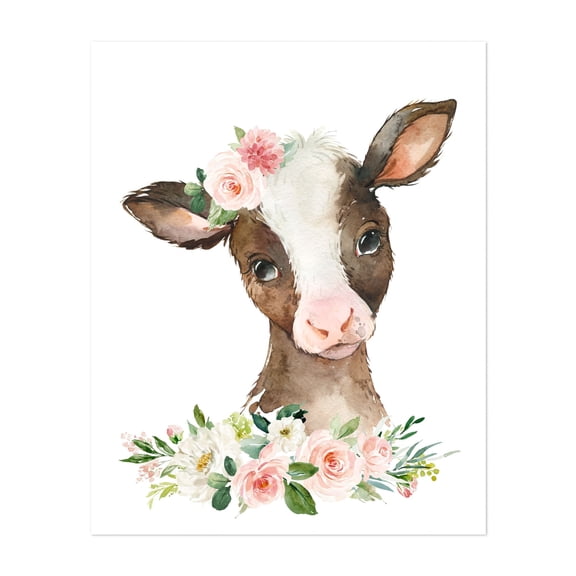 Cow, Farm Animals, Barn Animals, Barnyard, Pink Flowers, Girl Nursery - Illustration Watercolor Animal Farmhouse Floral Whimsical Pastoral Unframed Wall Art Print 6 x 8 inches