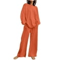 thumbnail image 2 of NSLGXD Womens Cotton Linen 2 Piece Outfits Classic Solid Lounge Sets Long Sleeve Crewneck Tops Drawstring Elastic Waist Wide Leg Pants Suits Matching Sets, 2 of 7