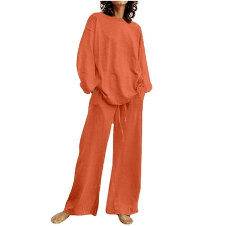 Women s Summer Suit  Trendy Long Sleeve Blouse Shirt Solid Color Trousers with Pockets  Loose Casual Two-Piece Beach Suit  Plus Size Cotton Linen Set for Women Summer Outfits for Women Orange 3XL