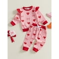 thumbnail image 5 of Toddler Baby Girl Valentines Day Outfit Bow Heart Print Ruffle Long Sleeve Sweatshirts Tops and Pants Spring Clothes Set, 5 of 8