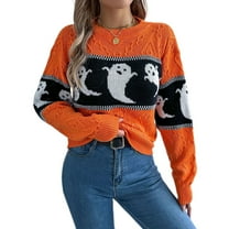 Defitshape Women's Halloween Knit Pullover Sweater Knitted Sweater Warm Spring Crewneck Fashion Loose Fit Drop Shoulder Short Knitwear Ghost Printed Long Sleeve Fall Top Orange Large
