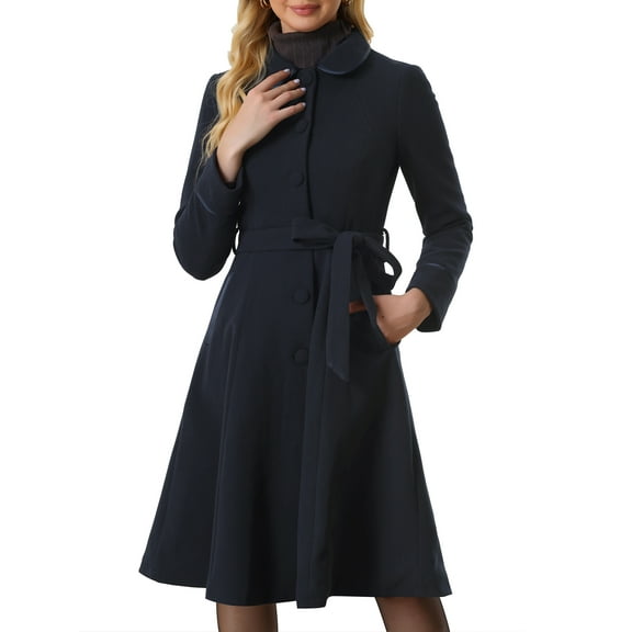 INSPIRE CHIC Women's Peter Pan Collar Single Breasted Belted Contrast Trim Swing Winter Coat XS Navy Blue