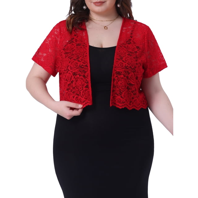Agnes Orinda Tallas Grandes Chaquetas de Bolero para el Día de la Madre para Mujeres, Abierto por Delante, Manga Corta, de Encaje de Croché, Cardigans Cortos 2X Rojo