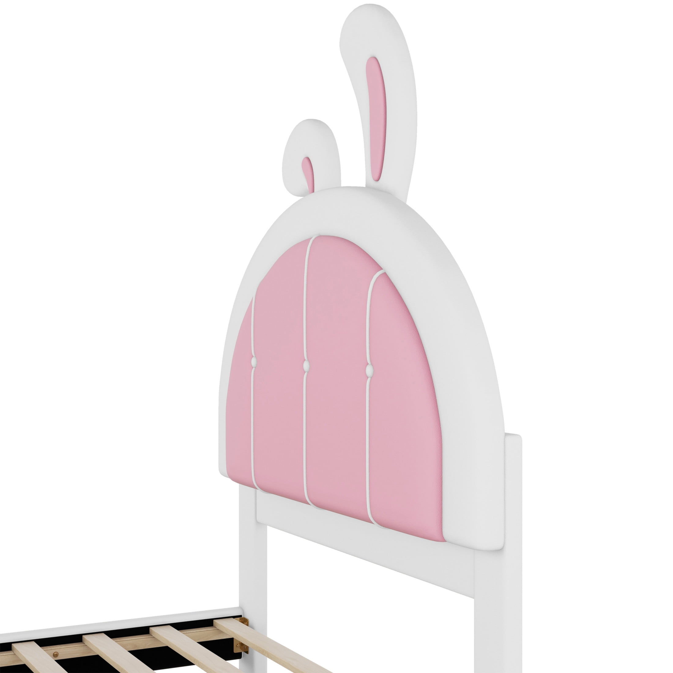 Noble House Collis Twin Upholstered Platform Bed, Rabbit Shaped Bunny Ear Headboard, PU Leather, White and Pink