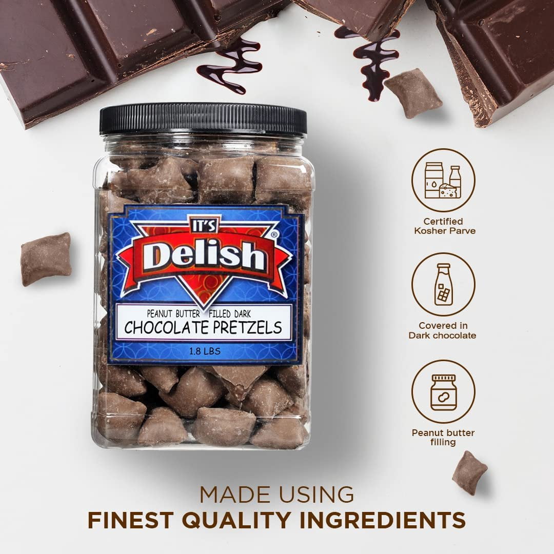 Dark Chocolate Covered Peanut Butter Pretzels by Its Delish, 1.8 LBS Jumbo Container Bulk  Gourmet Chocolate Coated Pretzel Nuggets Filled with PeanutButter Bites  Awesome Candy Snack, Vegan, Kosher