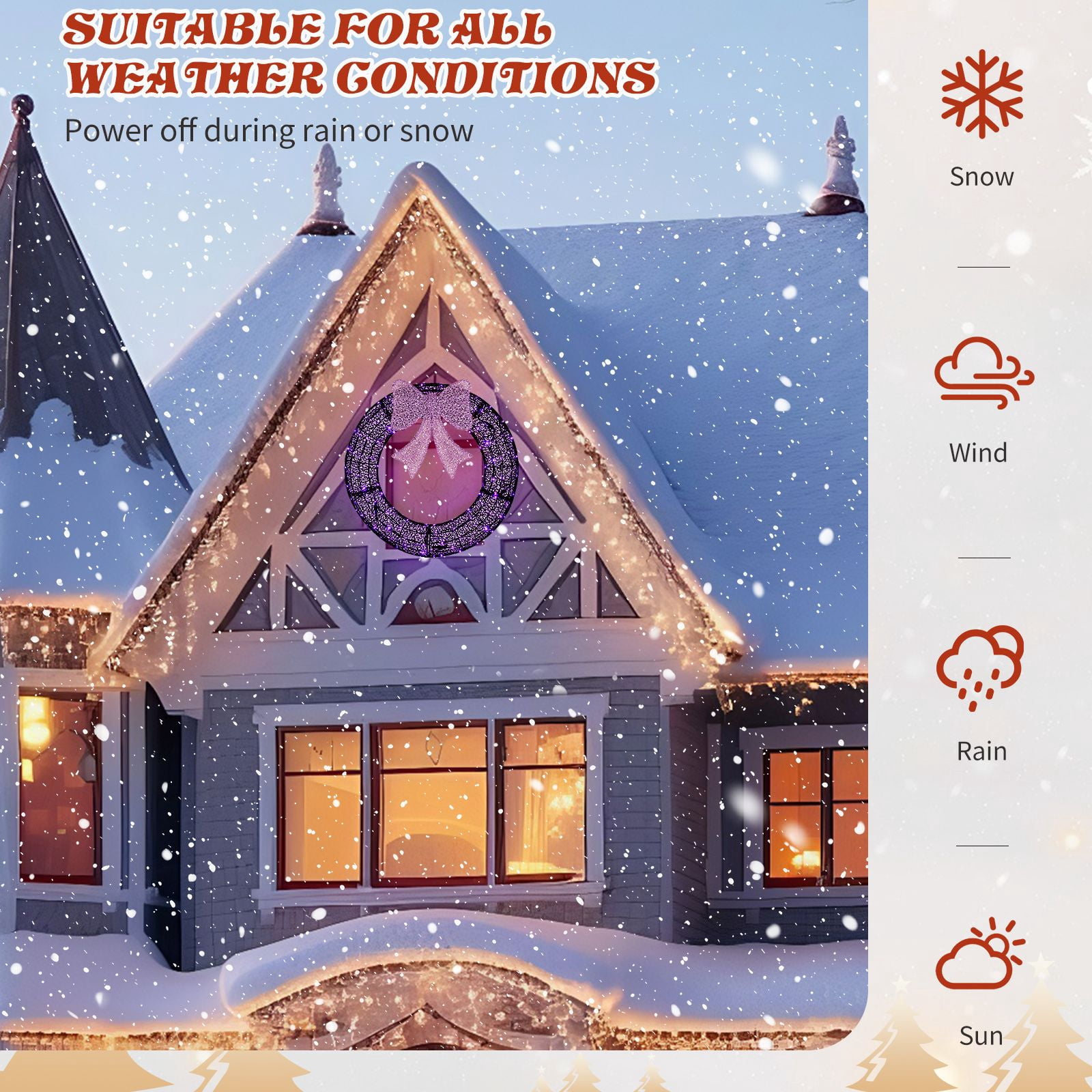 36in Pre-lit Outdoor Christmas Wreath Decoration, Lighted Metal Wreath with Purple Bow, Remote Control LED Lights with Timer, for Front Door Gate Wall Indoor Outdoor Holiday Party
