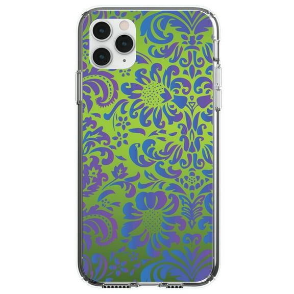 DistinctInk Clear Shockproof Hybrid Case for iPhone 12 MINI (5.4" Screen) - TPU Bumper, Acrylic Back, Tempered Glass Screen Protector - Green Purple Blue Floral Pattern
