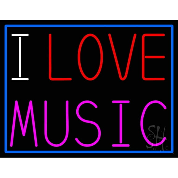 I Love Music LED Neon Sign 24" Tall x 31" Wide - inches Black Square Cut Acrylic Backing, with Dimmer - Premium built indoor Sign for Studio, Club, Home décor, Event, Workshop, Storefront.