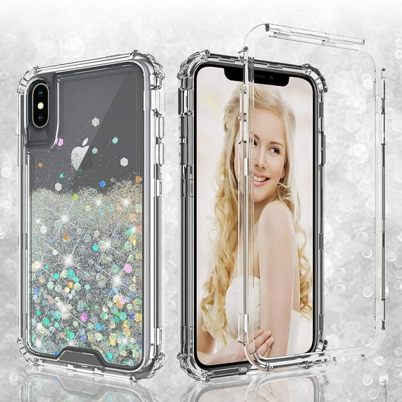 Apple iPhone Xs Max Clear Glitter Liquid Heavy Duty Waterfall Phone Case - Clear