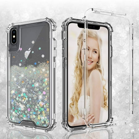 Apple iPhone Xs Max Clear Glitter Liquid Heavy Duty Waterfall Phone Case - Clear