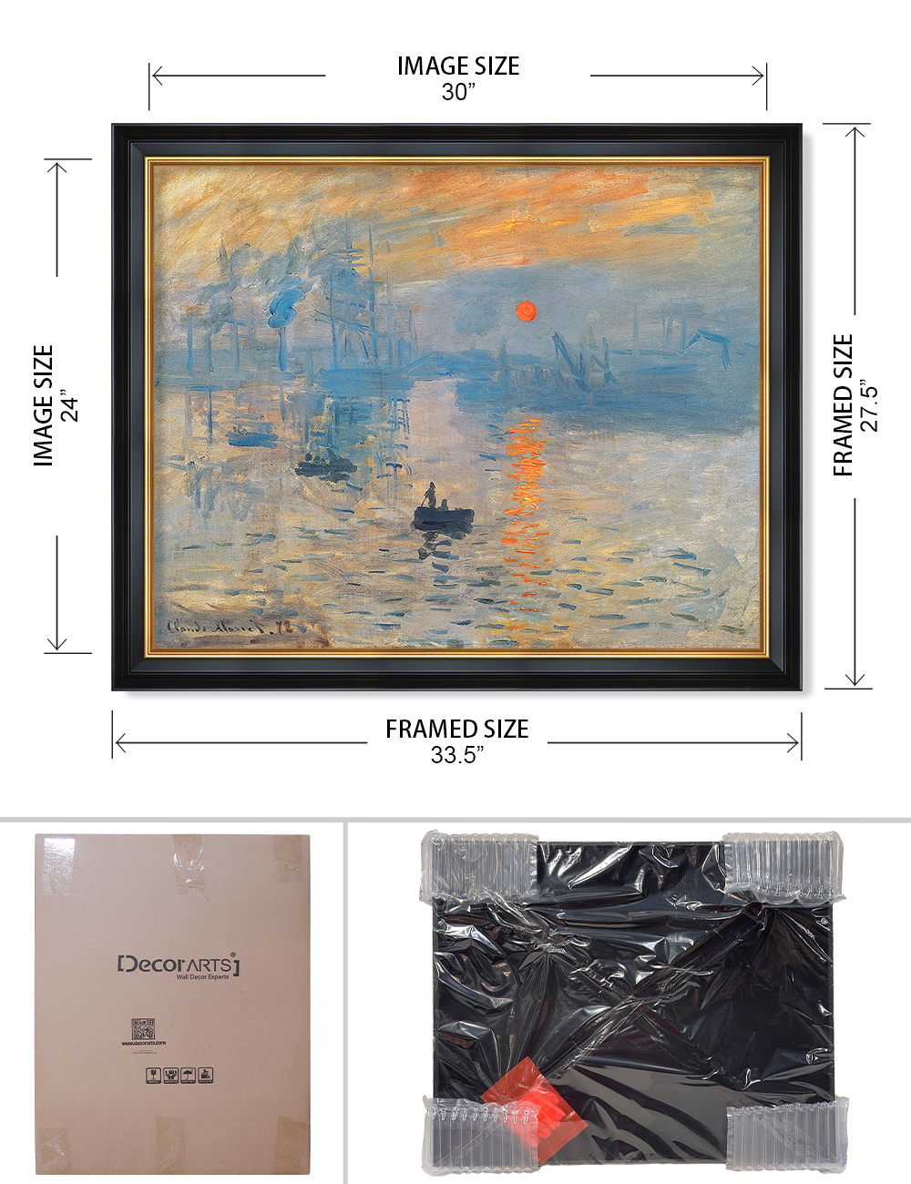 DECORARTS Impression Sunrise by Claude Monet. Giclee Print on Acid Free  Canvas with Matching Solid Wood Frame, Framed Artwork for Wall Decor. Total  Size with Frame: 33 x 27