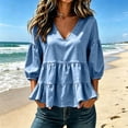 thumbnail image 3 of Seffadzy Women's Tiered Ruffle Peplum Blouses 3/4 Puff Sleeve V Neck Flowy Shirts Casual Loose Fit Solid Tops Blue XL, 3 of 5