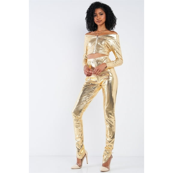 Metallic Small Scales Print Long Sleeve Off-the-shoulder Cropped Top And High Waist Slim Fit Legging Set